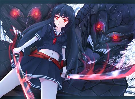 Black Hair Demon Fang Katana Long Hair Original Red Eyes School Uniform