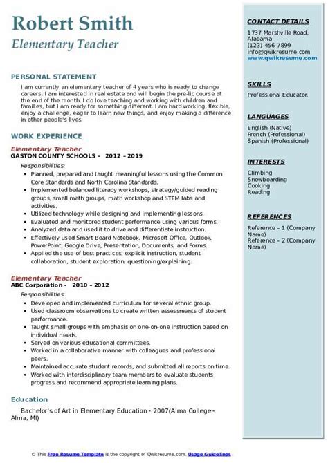 Download Free Elementary Teacher Resume Docx Word Template On