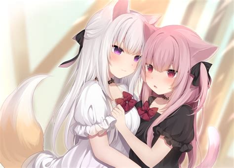 2girls Amashiro Natsuki Animal Ears Blush Bow Choker Dress Foxgirl Long