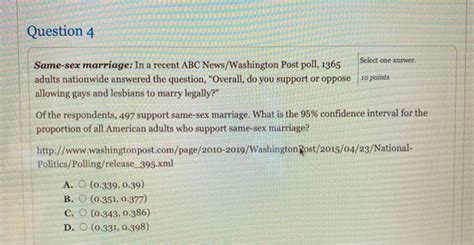 solved question 4 select one answer same sex marriage in a