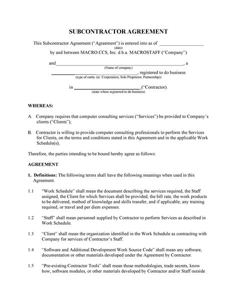 subcontractor contracts templates free printable templates