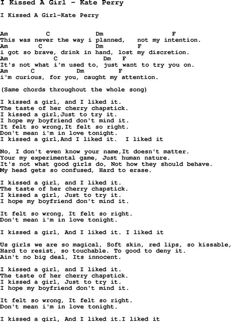 Song I Kissed A Girl By Kate Perry Song Lyric For Vocal Performance