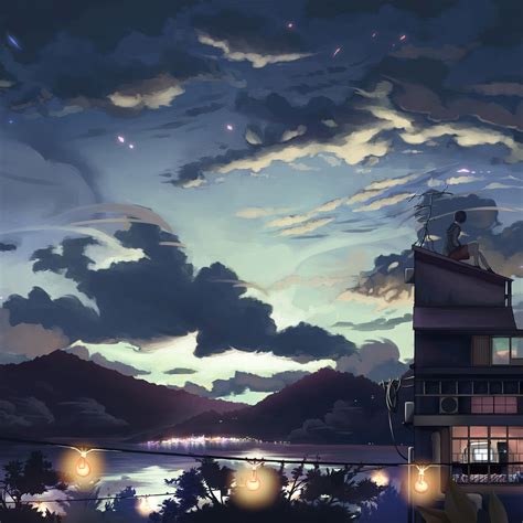 2048x2048 A Cloudy Evening Anime Girl Sitting Rooftop 4k Ipad Air Hd