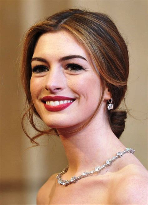 Anne Hathaway Center Part Loose Bun Updo Hair Styles