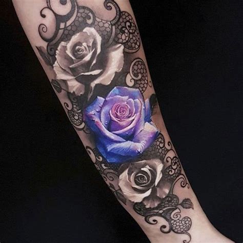 Mixture of lovely watercolor flower tattoo and ebru traditional turkish painting art tattooed on her leg. Ornamental Roses & Lace | Rose tattoos, Lace sleeve ...
