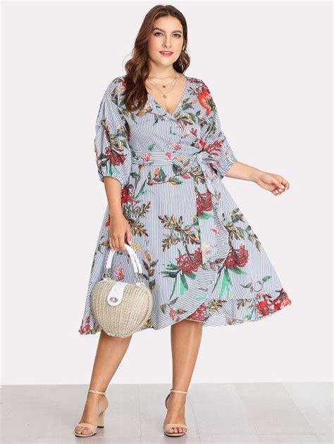 Surplice Wrap Floral And Striped Dress Shein For 22 Dollars Plus Size
