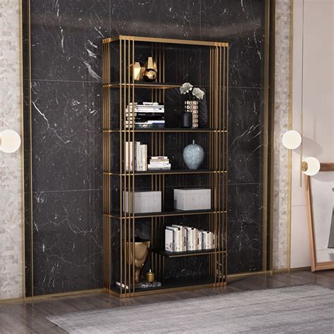 Modern Luxury 6 Tier Etagere Bookshelf In Black And Gold Freestanding