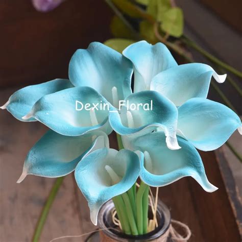 Teal White Center Calla Lilies Real Touch Flowers For Silk Wedding