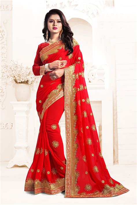Indian Wedding Georgette Red Colour Saree 1556 Red Wedding Dresses