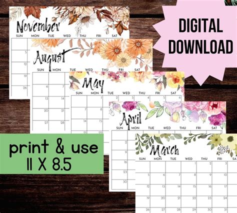 2023 Calendar Printable Watercolor Flower Themeprintable Blank Monthly