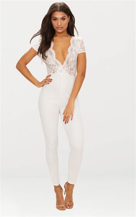 white lace short sleeve jumpsuit prettylittlething ca