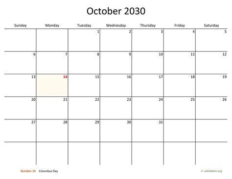 October 2030 Calendar With Bigger Boxes