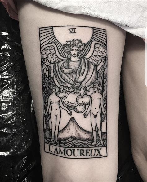#me #mine #can i use tags on this and have it not be cringe? 8th tattoo. "Lovers" tarot card on back of my thigh. Done ...