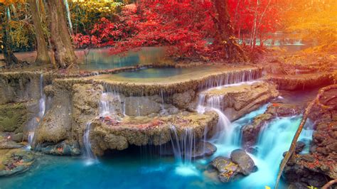 Yellow Red Autumn Trees On Stream Waterfall During Daytime 4k Hd Nature