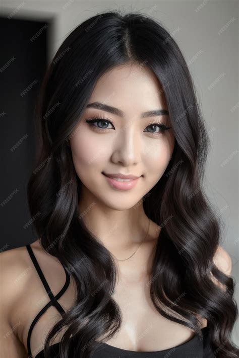 premium ai image portrait of asian female beauty girl on black dress blue eyes