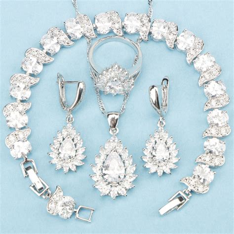 Shiny 4pcs 925 Sterling Silver White Stones Wedding Jewelry Sets For