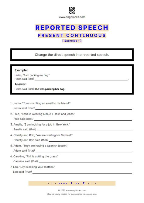 Reported Speech Present Continuous Exercise Worksheet English Grammar