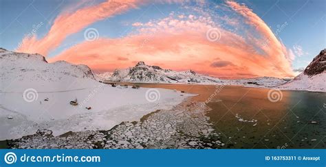 Aerial Drone Panorama Photo Beautiful Sunset Over The Mountains And