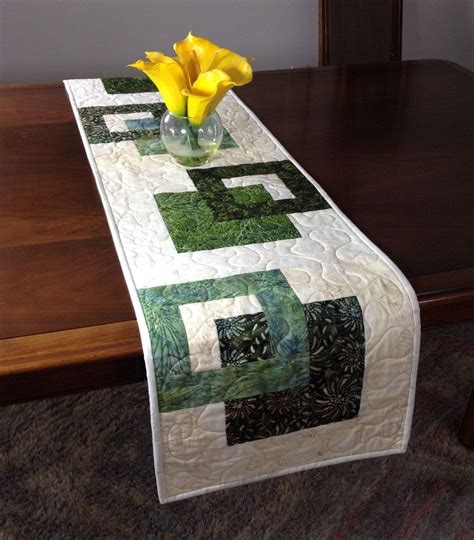 Modern Batik Table Runner, Handmade Green Quilted Tablerunner, Green