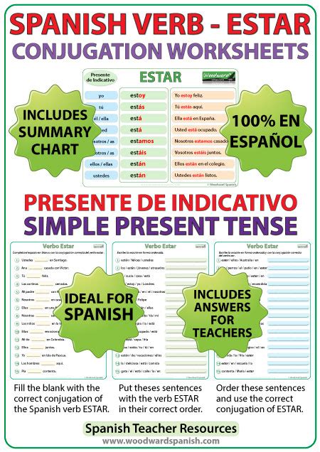 Estar Spanish Verb Conjugation Worksheets Present Tense Woodward
