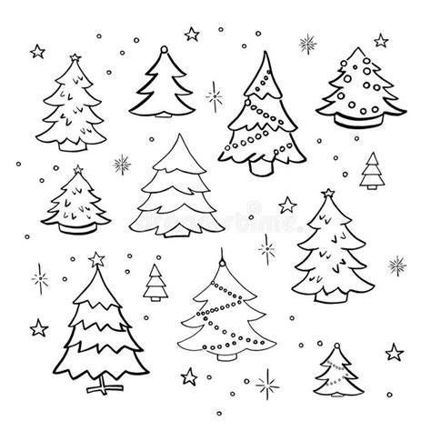 Christmas Trees Doodle Set Collection Of Hand Drawn Decorated