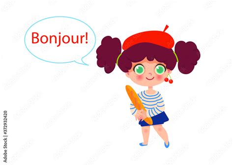 Little French Girl Saying Hello In French And Holding French Baguette