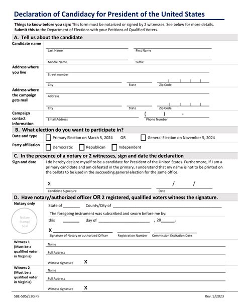 Form Sbe 505520p Download Printable Pdf Or Fill Online Declaration Of Candidacy For President