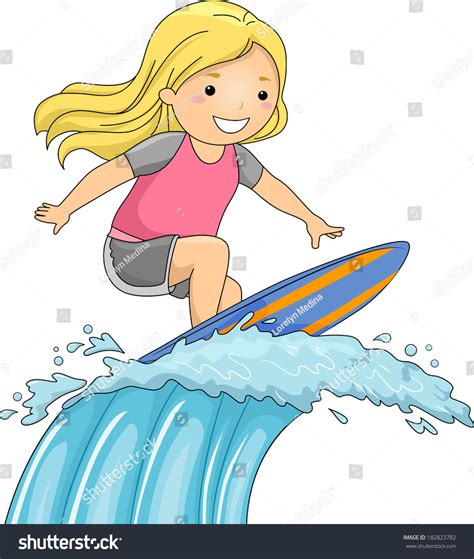 Illustration Little Girl On Surfboard Riding Stock Vector Royalty Free