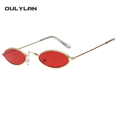 Oulylan Small Oval Sunglasses Men Women Retro Metal Frame Yellow Red Vintage Tiny Round Skinny