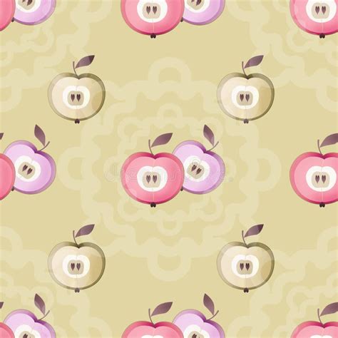 Apple Seamless Pattern Fruits Texture Kids Cute Beige Background Stock