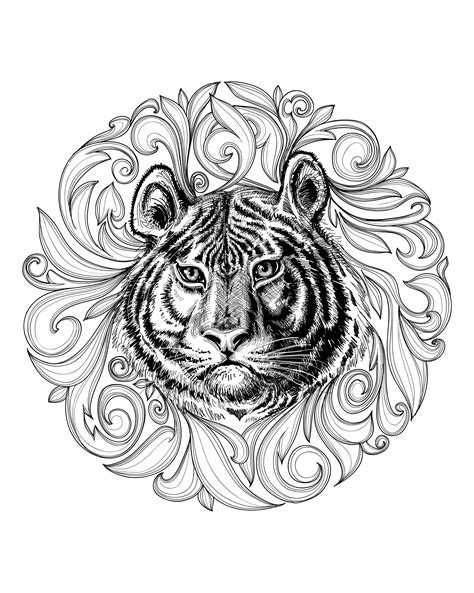 Tagged safari animal mask, tiger mask, tiger paper mask. Tiger leaves framework - Tigers Adult Coloring Pages