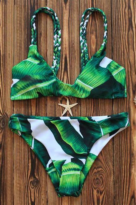 Green Tropical Leaf Print Braided Triangle Sexy Bikini Set Fabzop