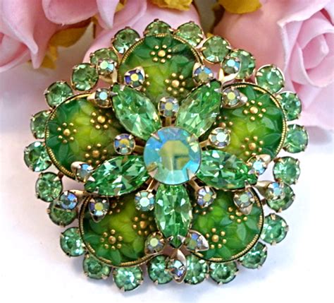 Vintage Costume Jewelry Carved Glass Green Juliana Style Rhinestone