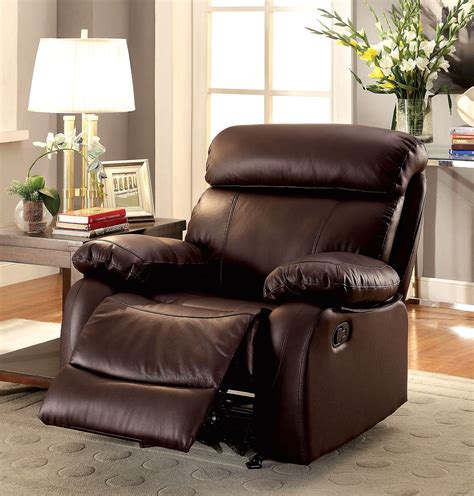 A leather chair is a staple in most homes and companies. Lyndon Casual Brown Glider Reclining Chair In Real Top ...
