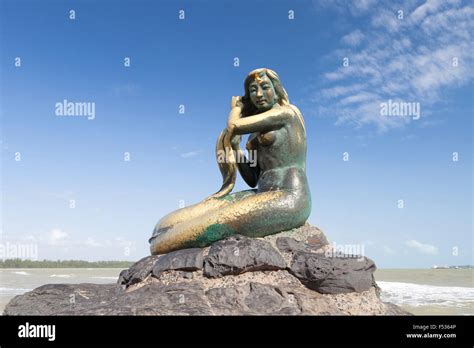 Golden Mermaid Statue On Samila Beach Songkhla Thailand Stock Photo
