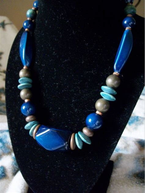 Vintage Chunky Blue Bead Necklace Lucite Wood Metal Etsy