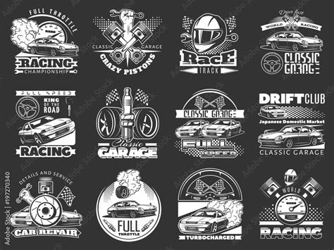 Vecteur Stock Set Of Car Racing White Monochrome Emblems Labels Logos