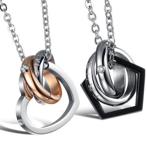 Titanium Stainless Steel Jewelry His And Hers Heart Couple Necklace Set