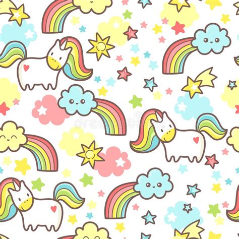 Seamless Magic Pattern With Cute Kawaii Unicorn Rainbows Stars And