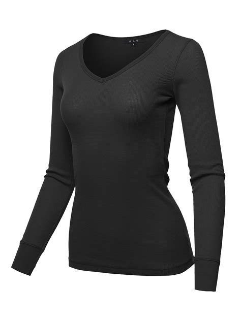 A Y Women S Basic Solid Long Sleeve V Neck Fitted Thermal Top Shirt Black S Walmart Com