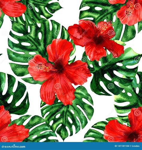 Tropical Palm Leaves And Hibiscus Flowers Summer Colorful Hawaiian