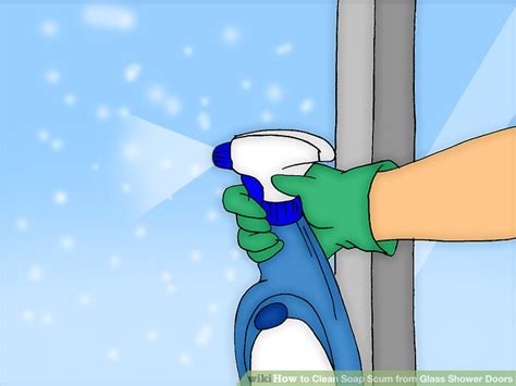Shake the bottle to mix the cleaning solution and spray down the shower door. How to Clean Soap Scum from Glass Shower Doors: 7 Steps
