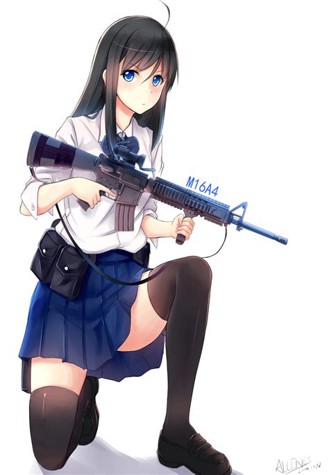 Safebooru 1girl Absurdres Ahoge Allenes Assault Rifle Black Hair Blue