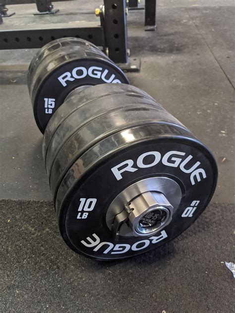 Rogue loadable dumbbells with bumpers loaded to 125 lbs. The rogue site