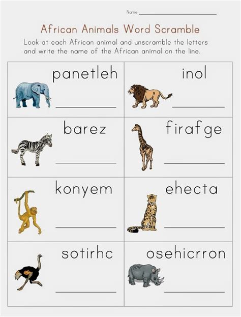 Kids Page Printable African Animals Name Scrambles Worksheet