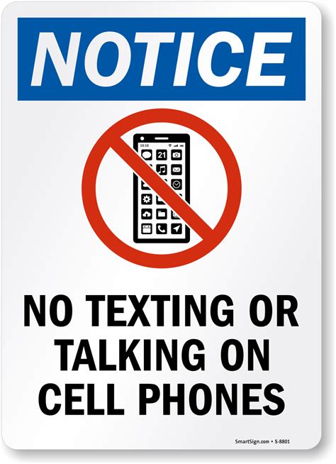 no texting or talking on cell phones sign sku s 8801