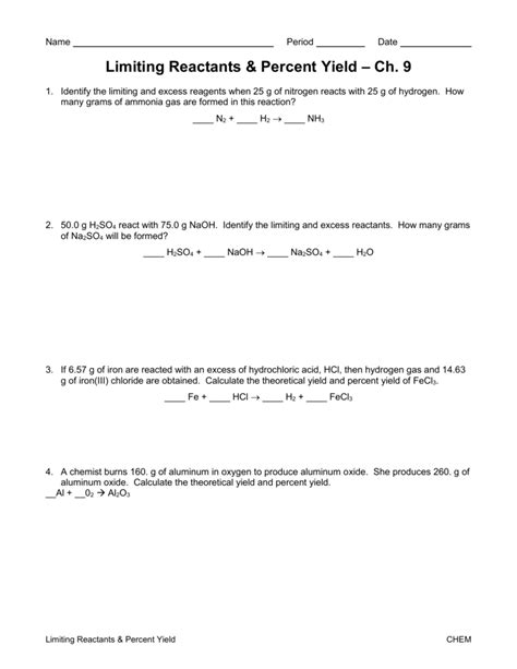 Worksheet On Limiting Reactants