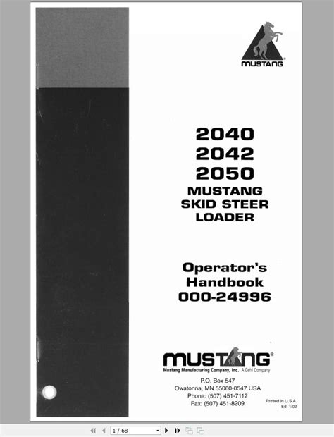 Mustang Skid Steer Loader 2040 2042 2050 Operators Manual 000 24996a