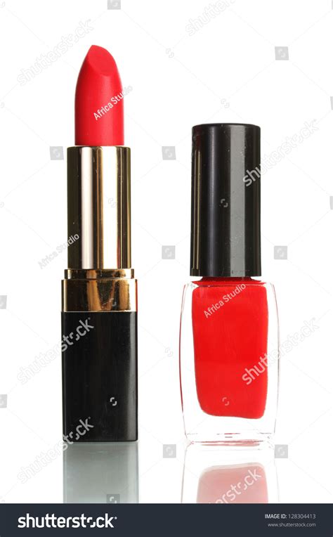 Beautiful Red Lipstick Nail Polish Isolated Stock Photo 128304413