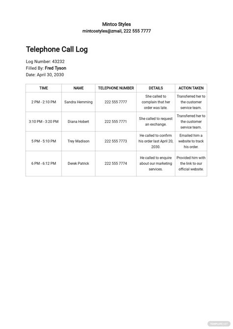 Phone Call Log Template Free Pdf Excel Word Apple Numbers Apple